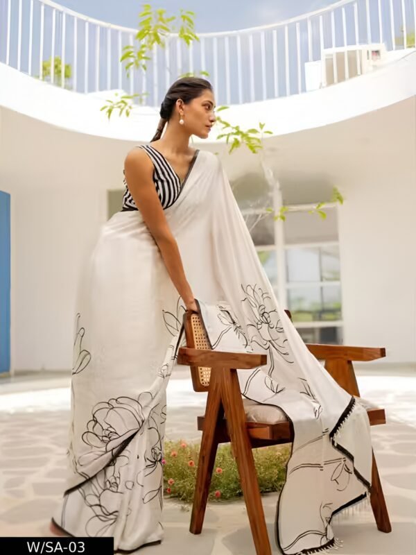 designer digital printed kalamkari dola silk saree with jacquard border & blouse