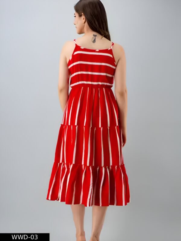 rayon calf length striped sleeveless flared dress
