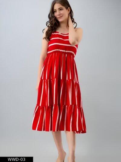 rayon calf length striped sleeveless flared dress