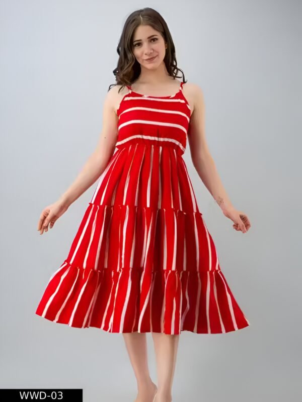 rayon calf length striped sleeveless flared dress