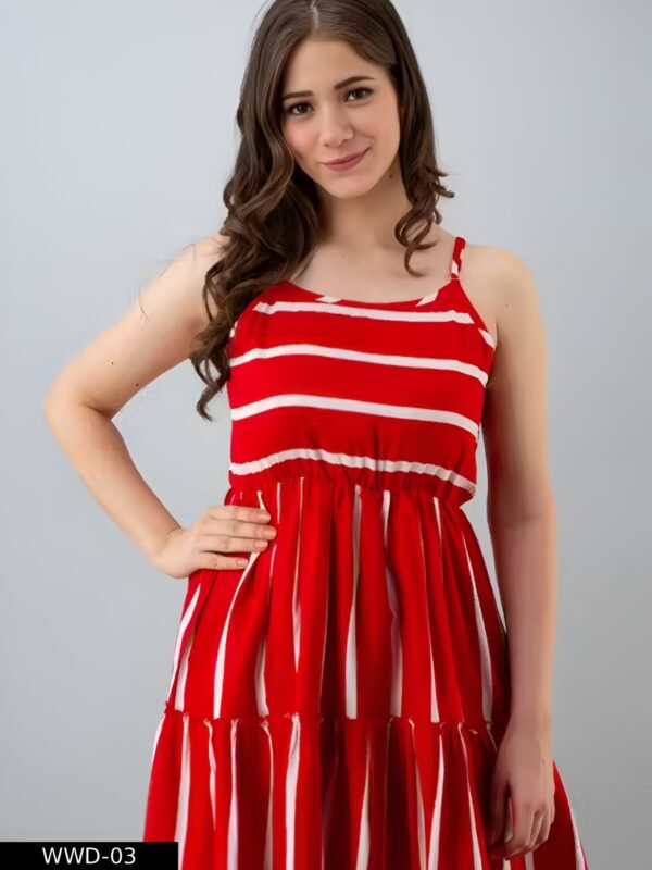 rayon calf length striped sleeveless flared dress