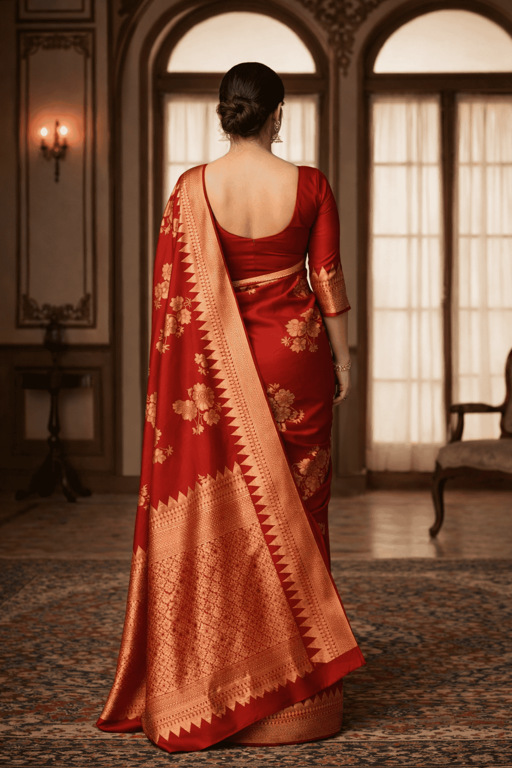 Red Banarasi silk saree back view with gold zari woven border
