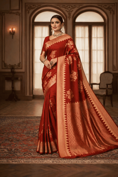 Red Banarasi silk saree with gold zari woven border