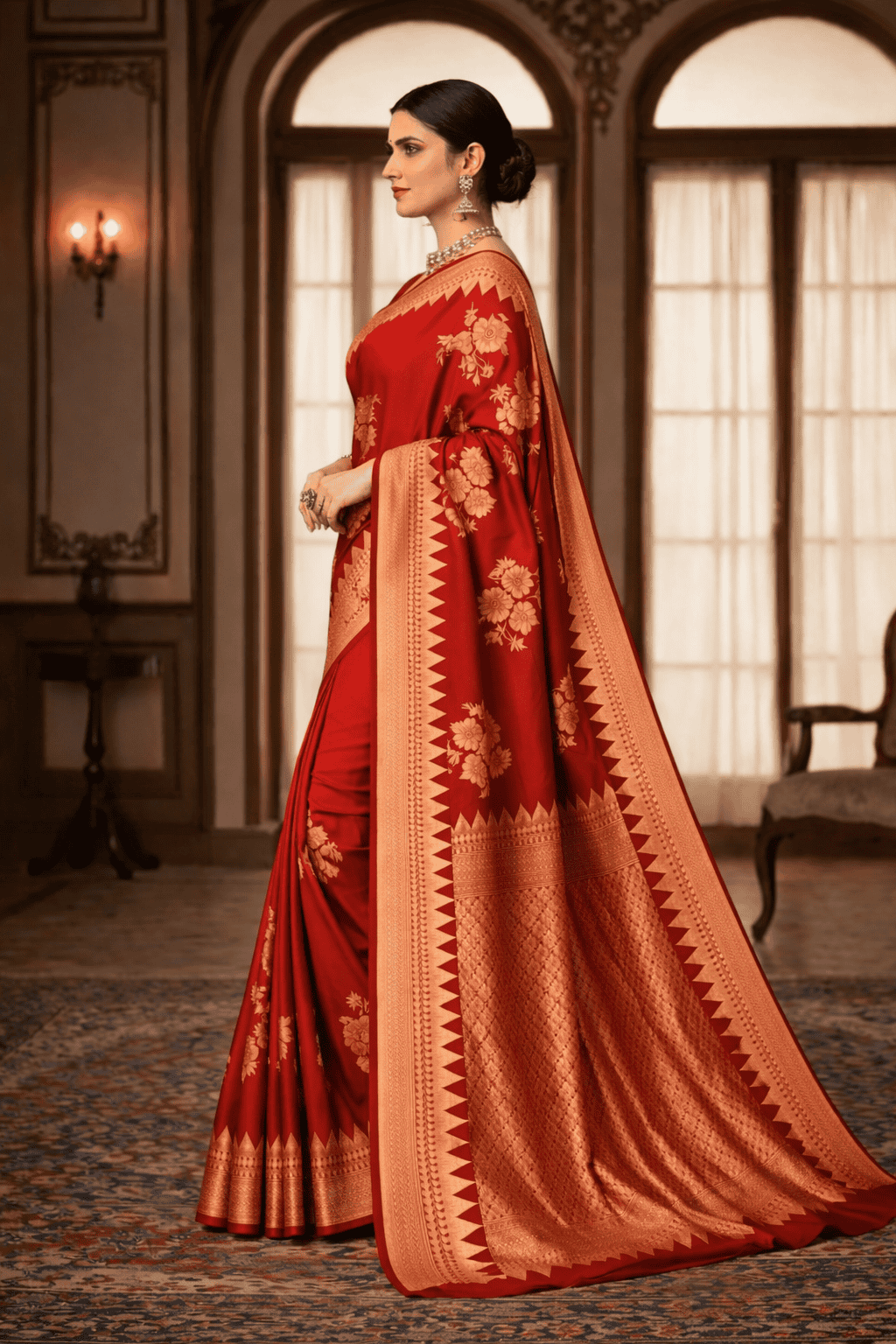 Red Banarasi silk saree side view showing zari border