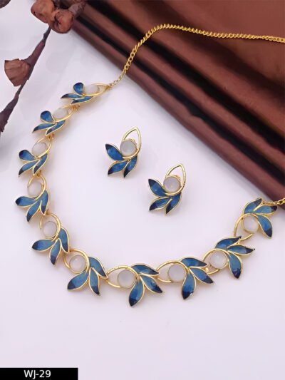 Shrigana Gold Plated Blue Leafy Pattern Jewellery Set For Women