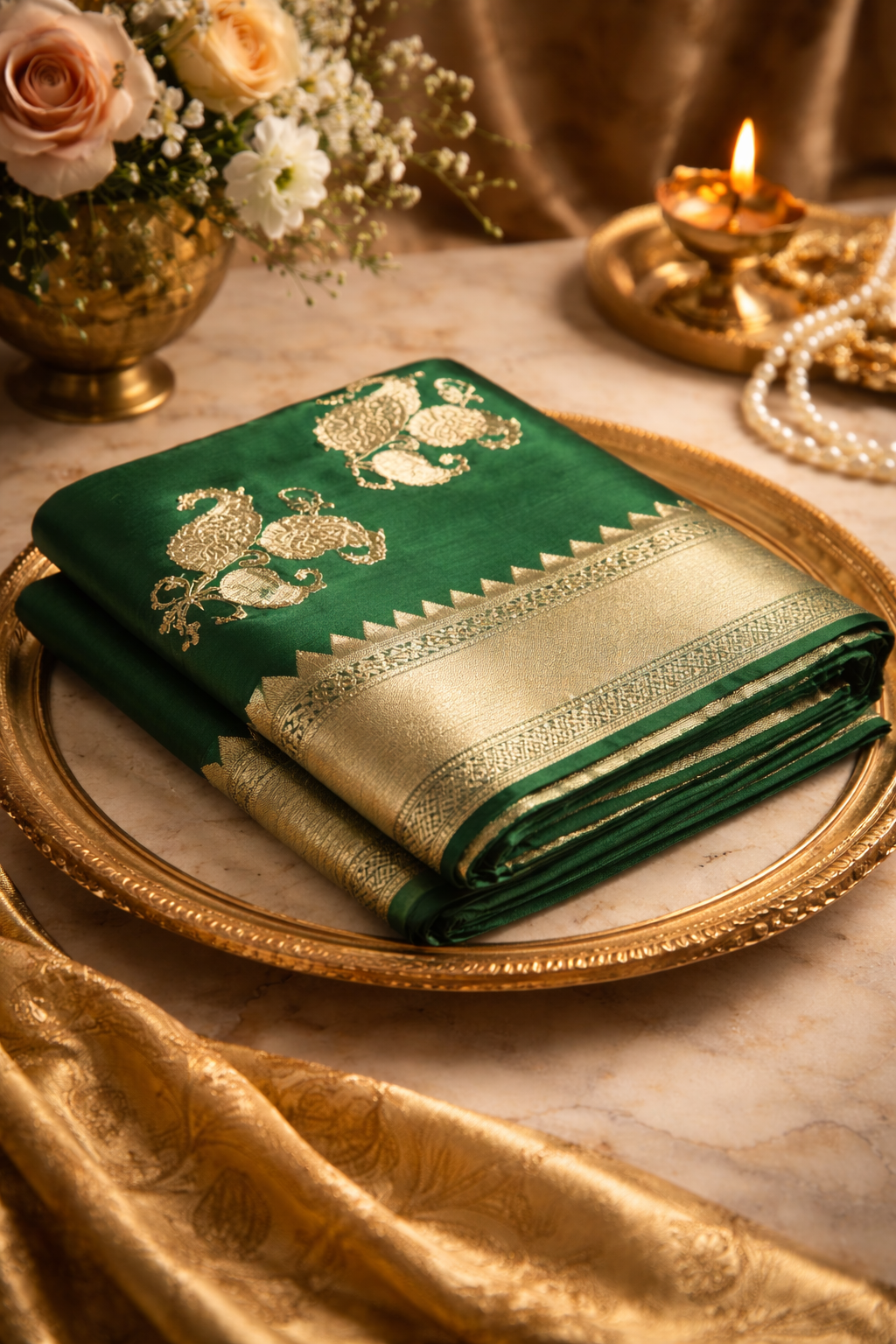 Green Banarasi silk saree side view showing zari border folded