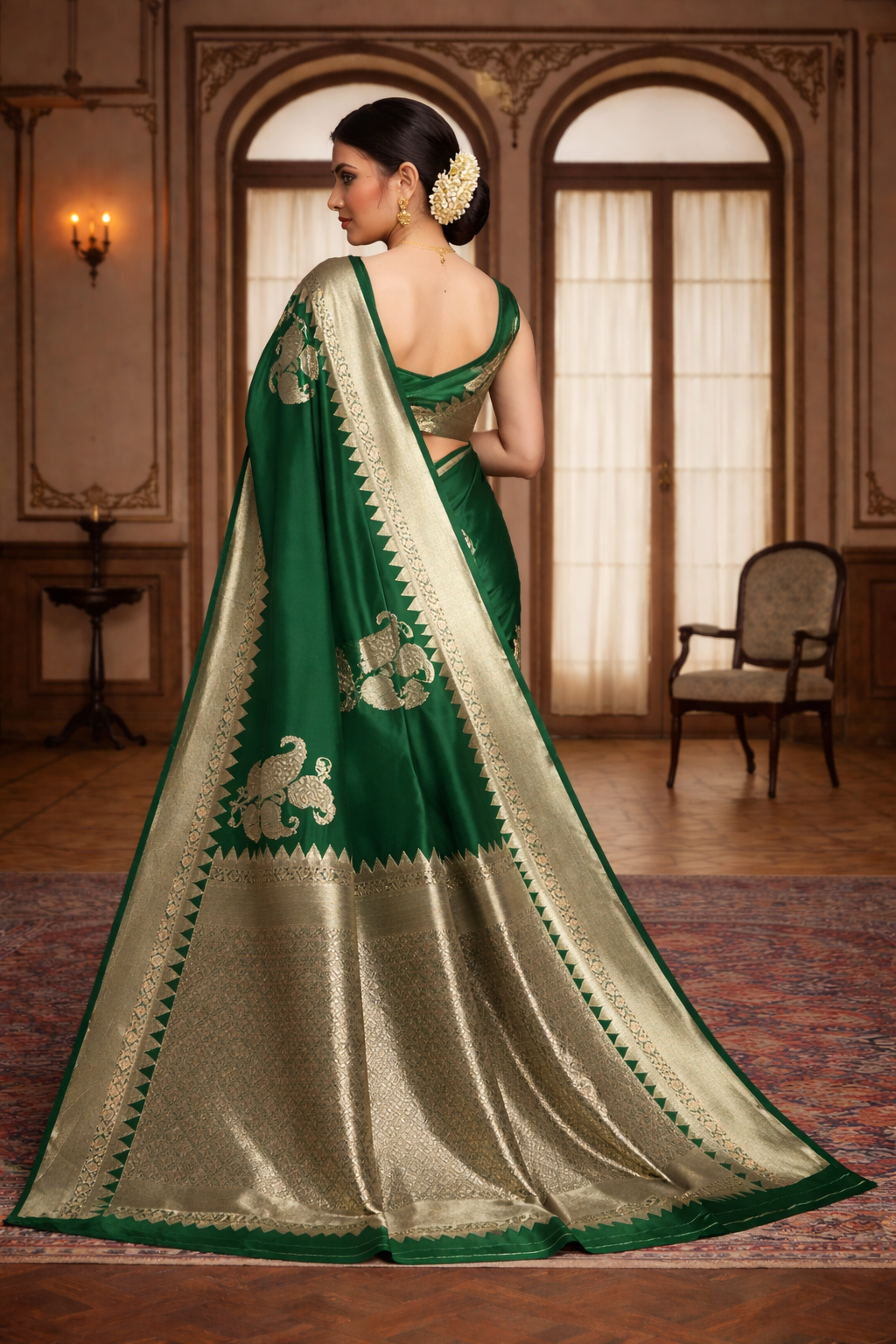 Green Banarasi silk saree side view showing zari border