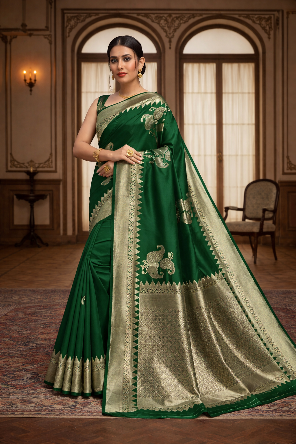 Green Banarasi silk saree side view showing zari border