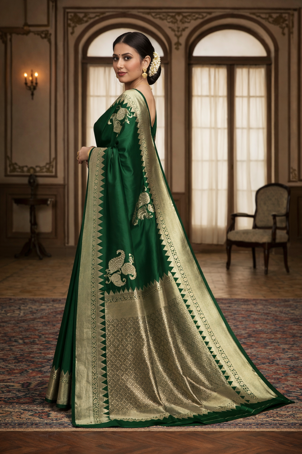 Green Banarasi silk saree side view showing zari border side view
