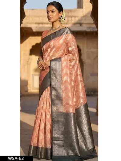 Luxurious Peach Shimmer Art Silk Saree with Woven Wave Pattern & Contrast Zari Border