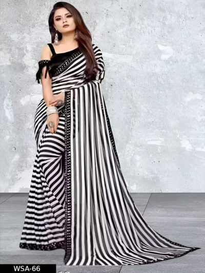 BLACK WHITE LYCRA BLEND ZEBRA PATTA PARTY WEAR SAREE