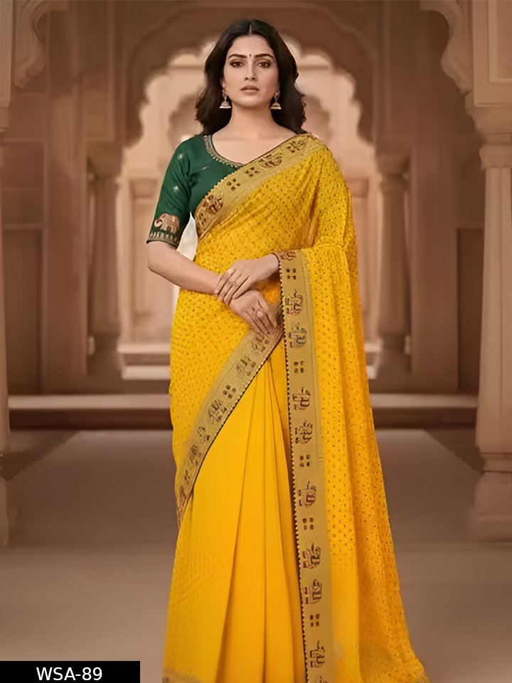 Gunja premium hathi embroidered work Gota patti lace border Dot print bandhani Georgette saree