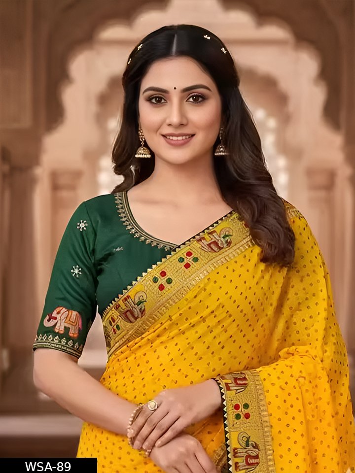 Gunja premium hathi embroidered work Gota patti lace border Dot print bandhani Georgette saree - Image 2