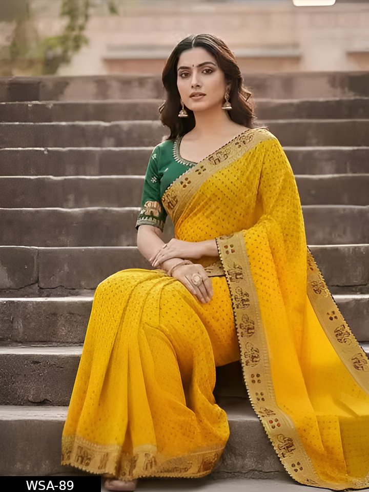 Gunja premium hathi embroidered work Gota patti lace border Dot print bandhani Georgette saree - Image 3