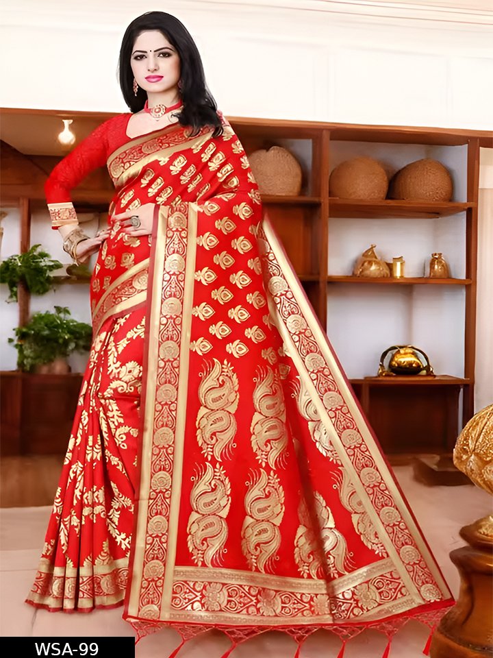 Red Soft Banarasi Silk Saree With Lovely Blouse Piece