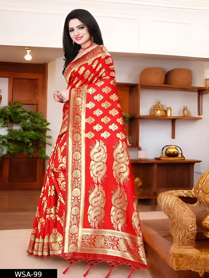Red Soft Banarasi Silk Saree With Lovely Blouse Piece - Image 3