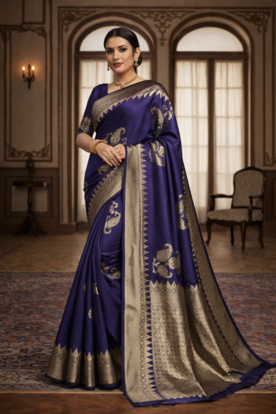 Ryal Blue Banarasi silk saree showing zari border front view