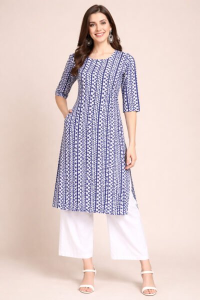 Blue Geometric Print A-Line Kurta for Women