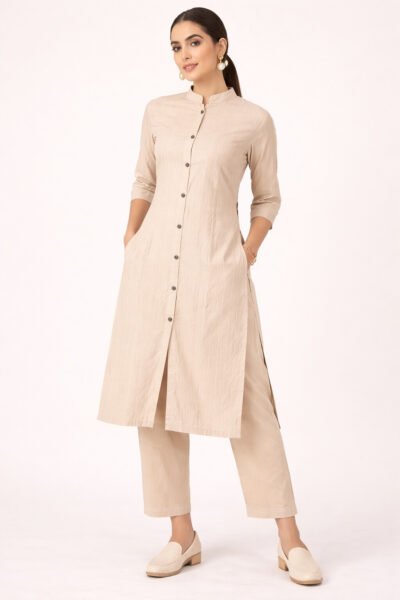 Beige Cotton Straight Top with Palazzo Bottom Set