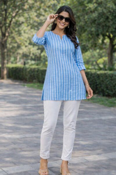 Women’s Sky Blue Striped Cotton Short Kurti with 3/4 Sleeves