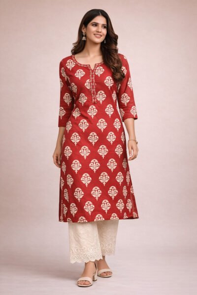 Red Printed Straight Kurti