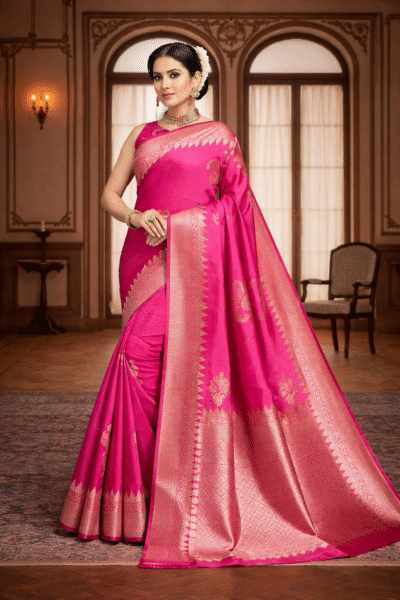Pink Banarasi silk saree with zari border front view