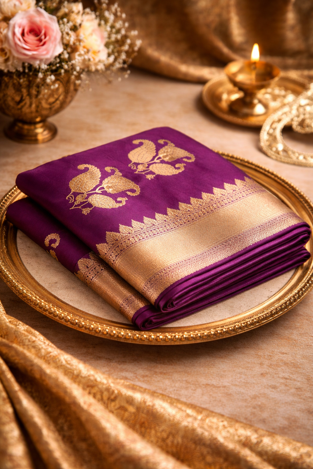 Royal purple Banarasi silk saree with gold zari woven border