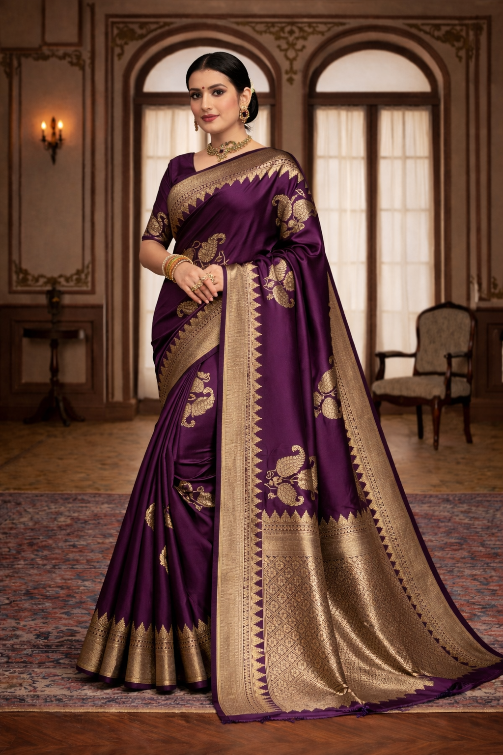 Royal purple Banarasi silk saree with gold zari woven border