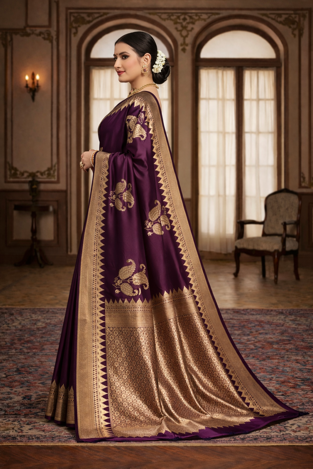 Royal purple Banarasi silk saree with gold zari woven border