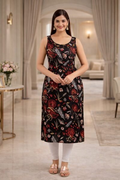 Black Sleeveless Straight Rayon Kurti for Women | Stylish Party Wear Kurta