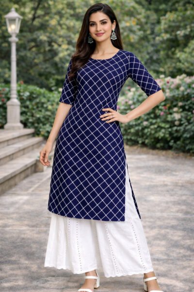 Crepe Traditional Checked Kurti for Women | Three-Quarter Sleeve Daily Wear