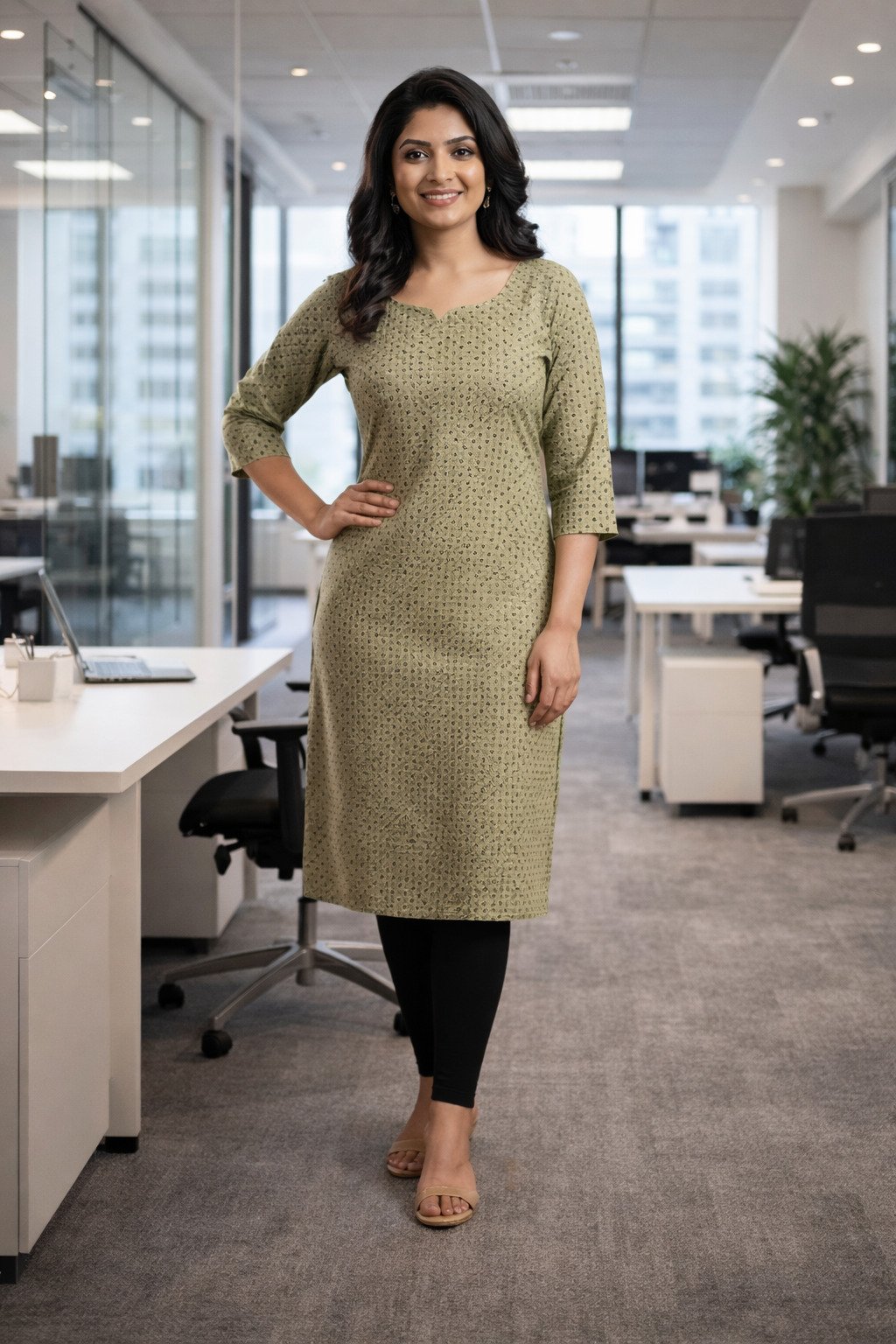 Crepe Kurti Dotted Pista Green for Women | Three-Quarter Sleeve Casual Wear