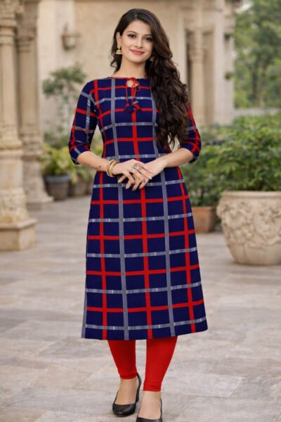 Blue Crepe with red lines Kurtis for women daily wear